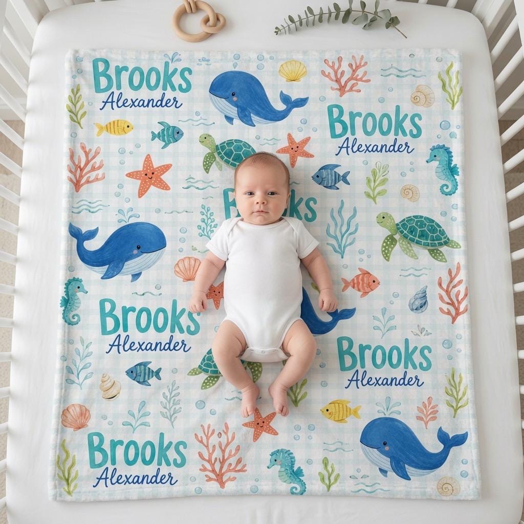 Personalized Ocean Baby Blanket, Custom Whale Baby Blanket, Sea Turtle Baby Blanket, Under the Sea Nursery Blanket, Baby Boy 