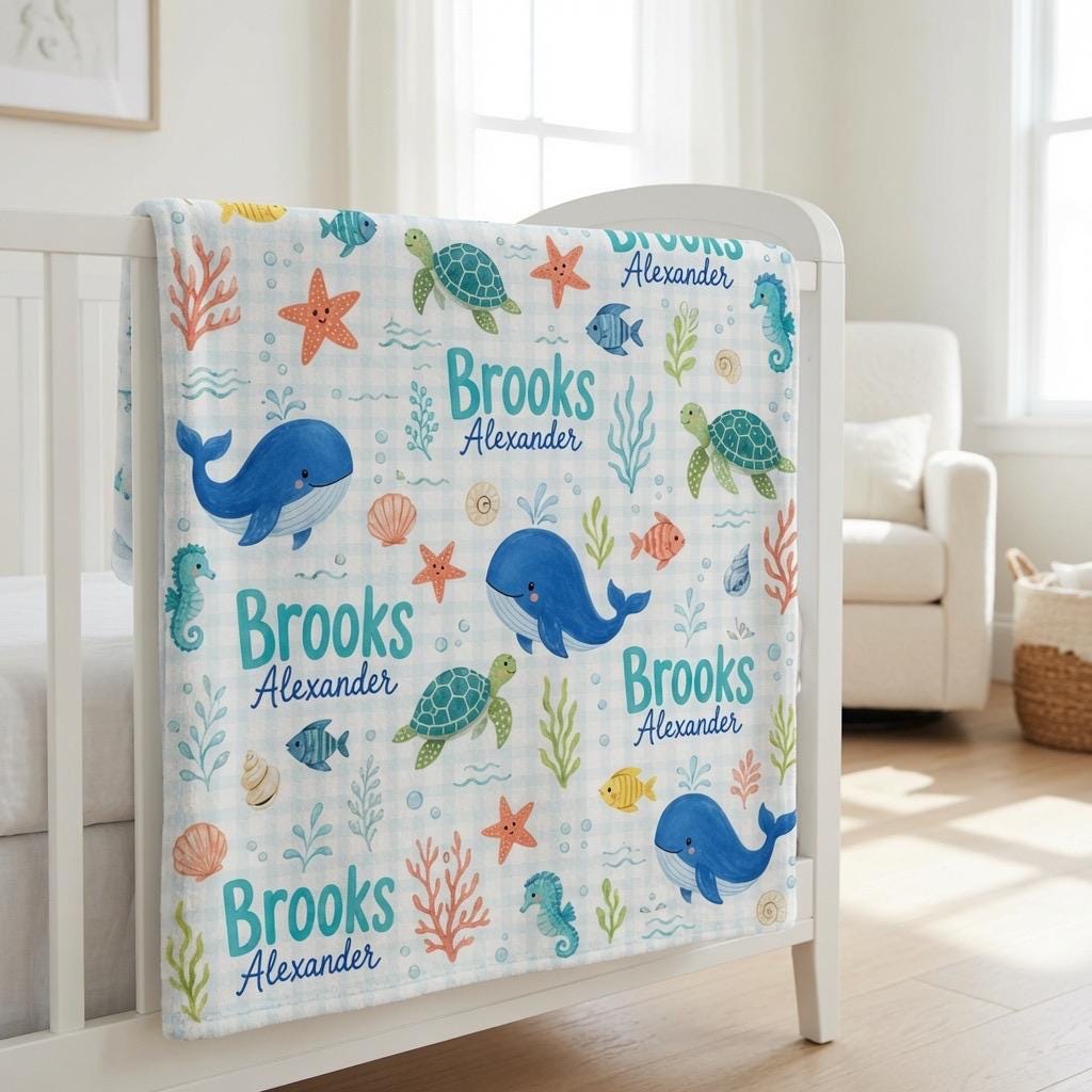 Personalized Ocean Baby Blanket, Custom Whale Baby Blanket, Sea Turtle Baby Blanket, Under the Sea Nursery Blanket, Baby Boy 