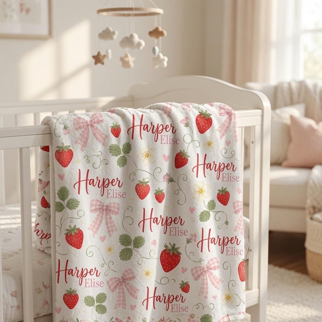 Personalized Strawberry Baby Blanket, Custom Name Baby Girl Blanket, Strawberry Nursery Blanket, Pink Gingham Bow Blanket, Ba