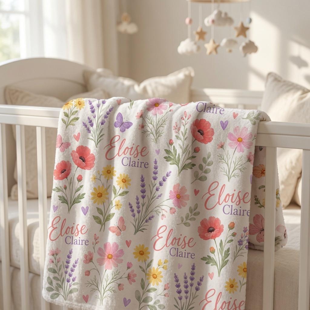 Personalized Wildflower Baby Blanket, Custom Name Floral Baby Blanket, Baby Girl Name Blanket, Personalized Nursery Blanket, 