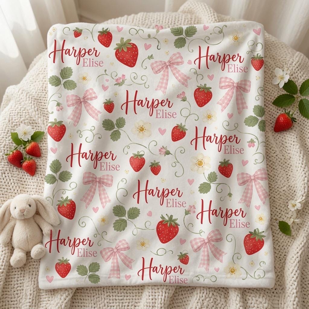 Personalized Strawberry Baby Blanket, Custom Name Baby Girl Blanket, Strawberry Nursery Blanket, Pink Gingham Bow Blanket, Ba