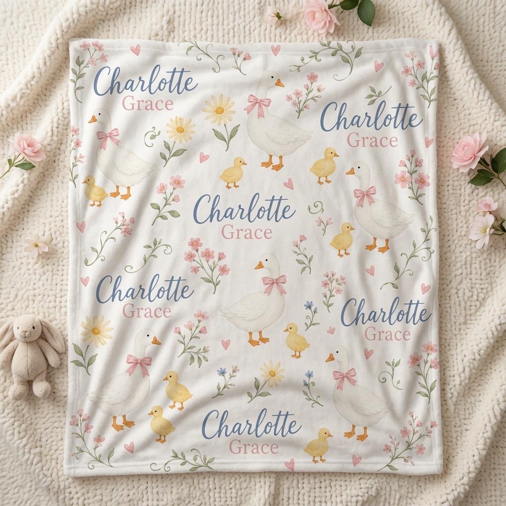 Personalized Goose Baby Blanket, Custom Name Baby Girl Blanket, Goose Nursery Blanket, Cottagecore Baby Blanket, Baby Shower 