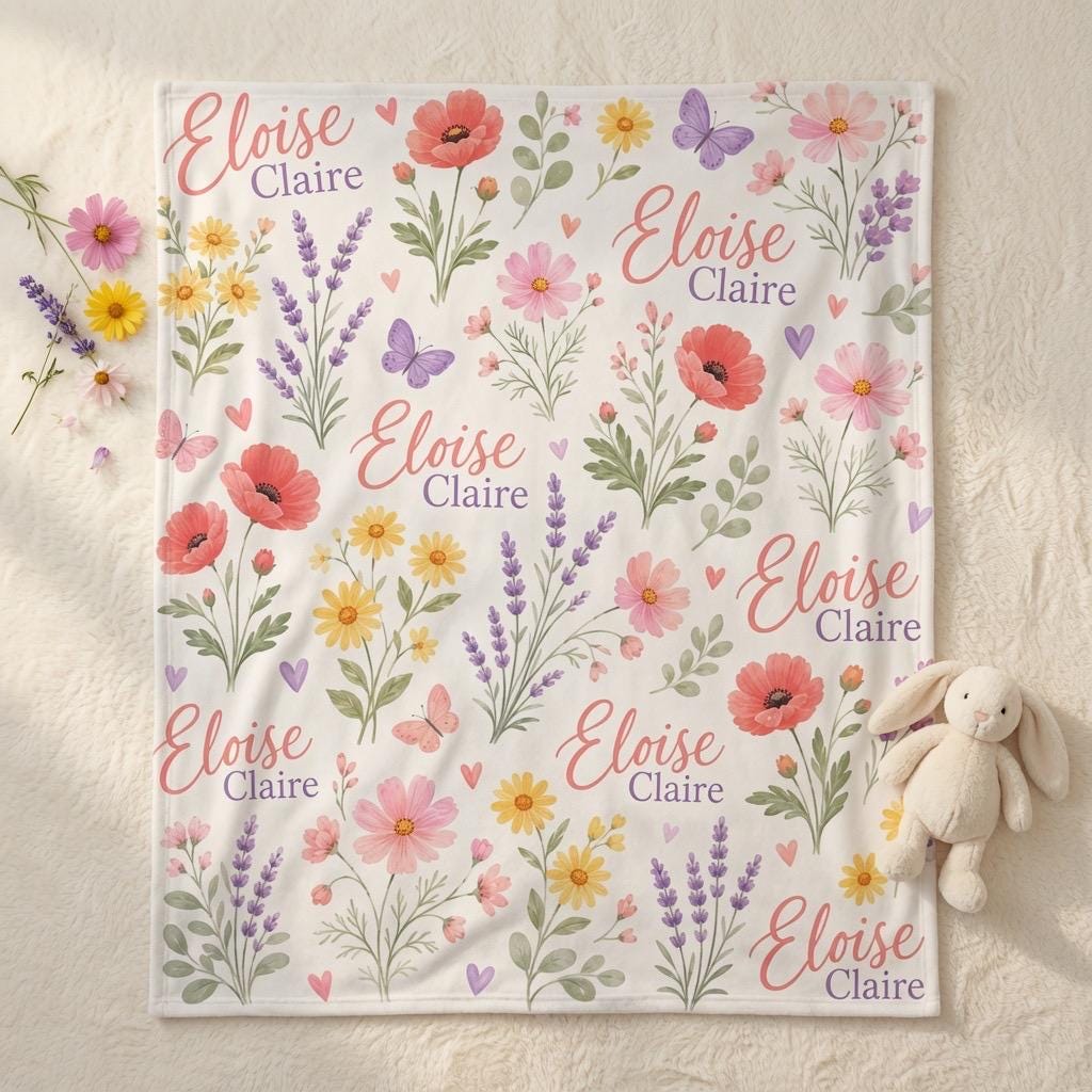 Personalized Wildflower Baby Blanket, Custom Name Floral Baby Blanket, Baby Girl Name Blanket, Personalized Nursery Blanket, 