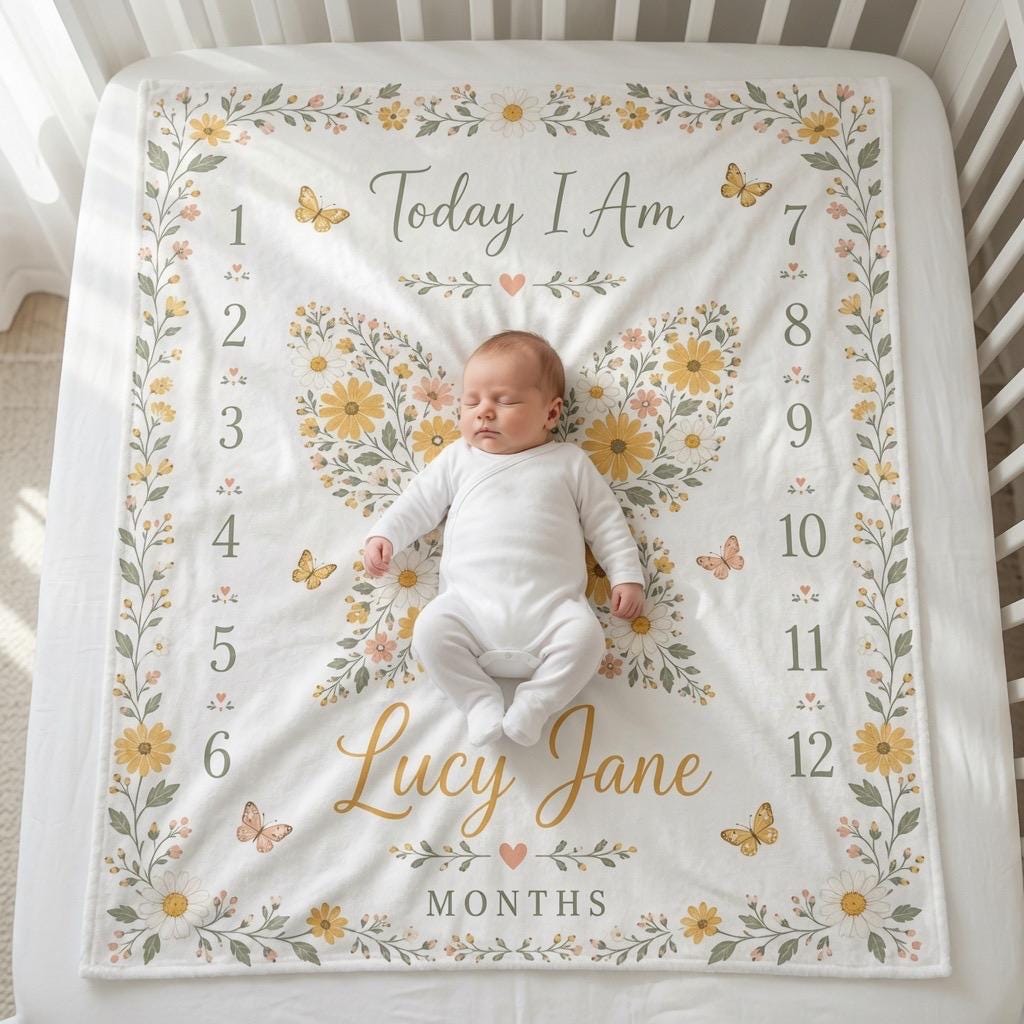 Personalized Butterfly Baby Milestone Blanket, Custom Name Monthly Milestone Blanket, Daisy Floral Baby Blanket, Baby Girl Mi
