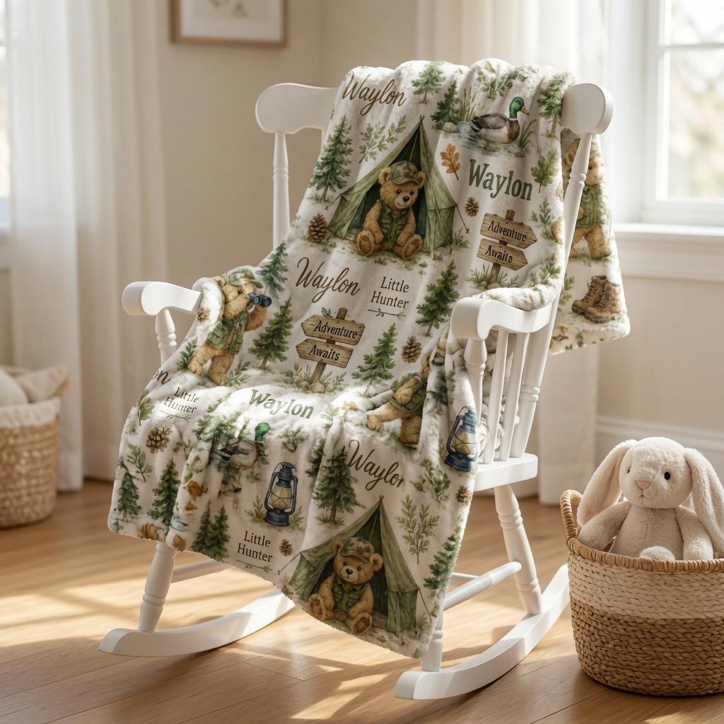 Personalized Little Hunter Baby Blanket, Custom Woodland Bear Blanket, Hunting Nursery Blanket, Personalized Baby Boy Blanket