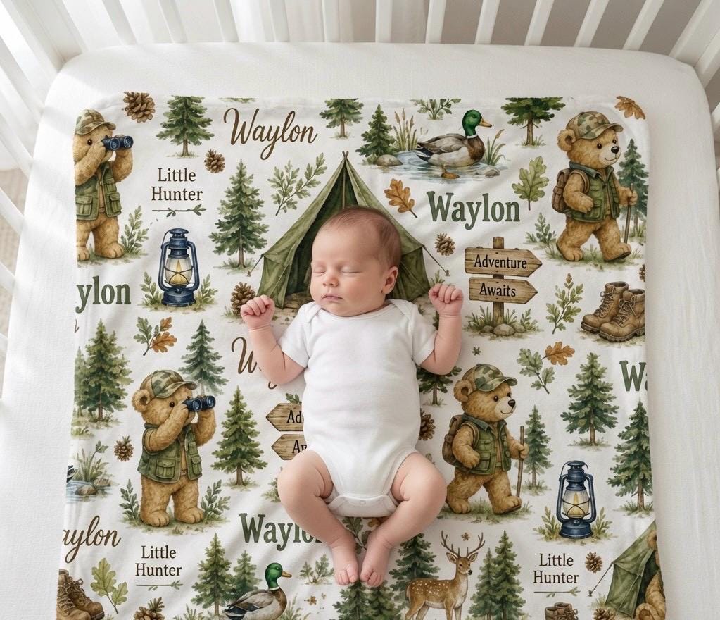 Personalized Little Hunter Baby Blanket, Custom Woodland Bear Blanket, Hunting Nursery Blanket, Personalized Baby Boy Blanket