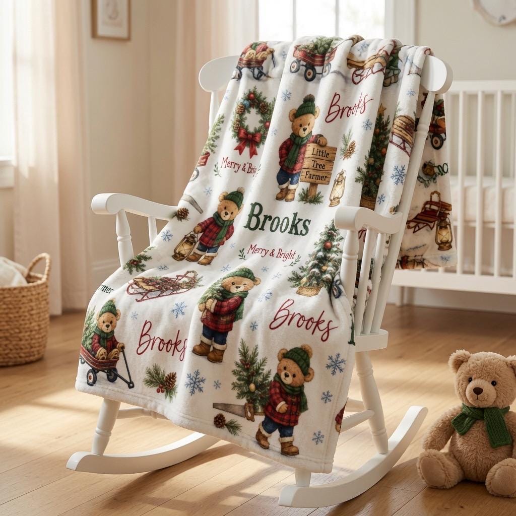 Personalized Christmas Baby Blanket, Custom Teddy Bear Christmas Blanket, Santa’s Little Helper Blanket, Baby First Christmas
