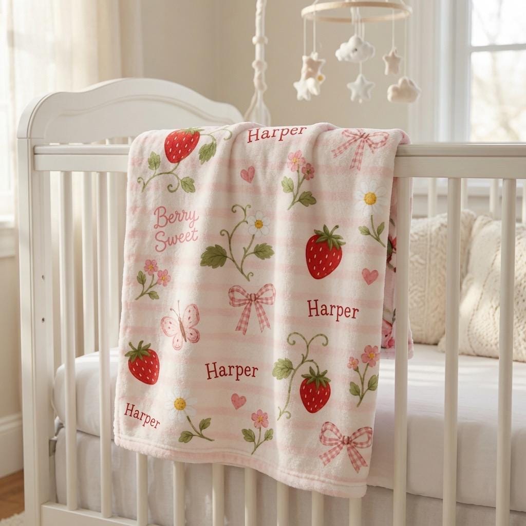 Personalized Strawberry Baby Blanket, Custom Baby Girl Blanket, Strawberry Nursery Blanket, Pink Gingham Baby Blanket, Sweet 