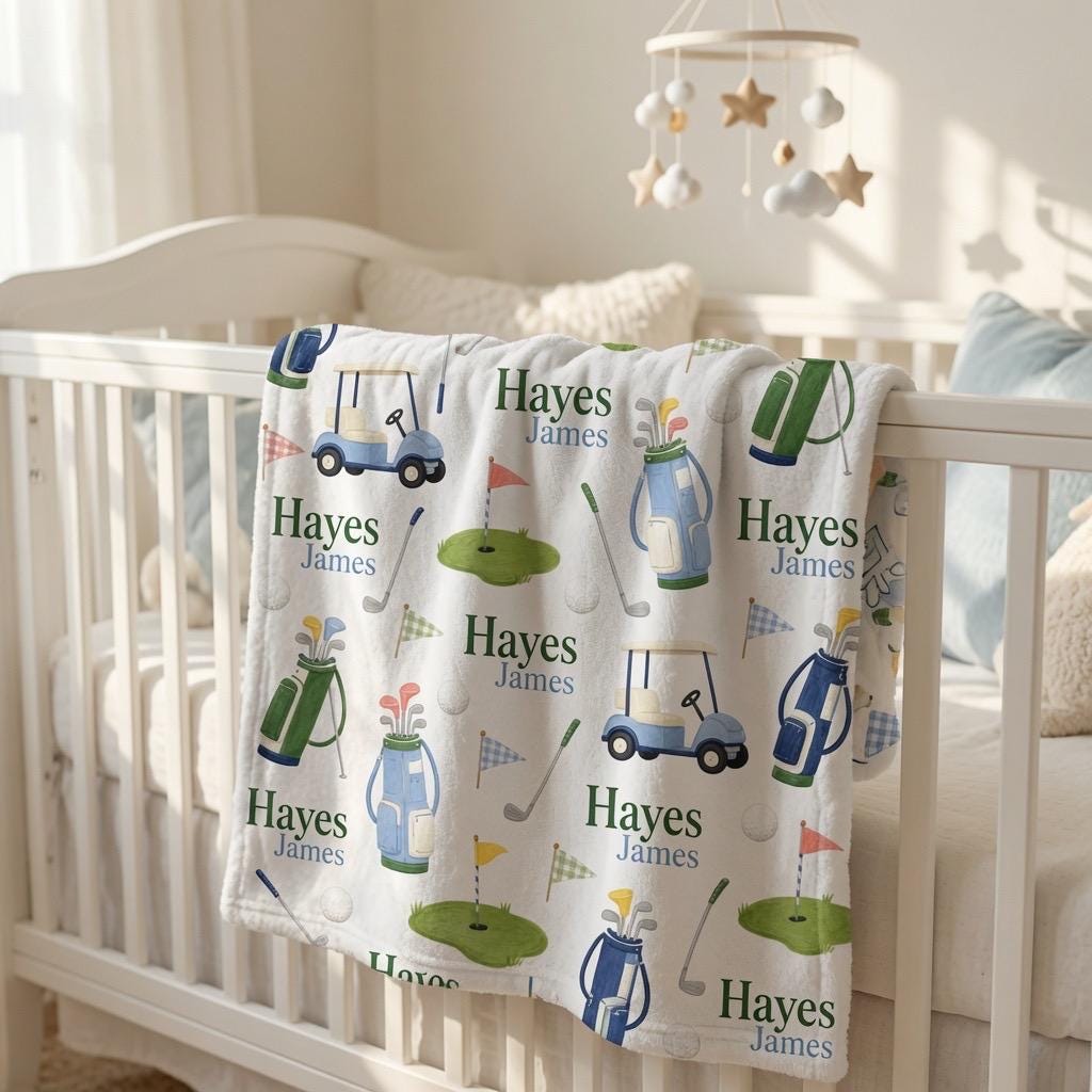 Personalized Golf Baby Blanket, Custom Golf Nursery Blanket, Golf Baby Boy Gift, Future Golfer Blanket, Golf Cart Nursery Dec