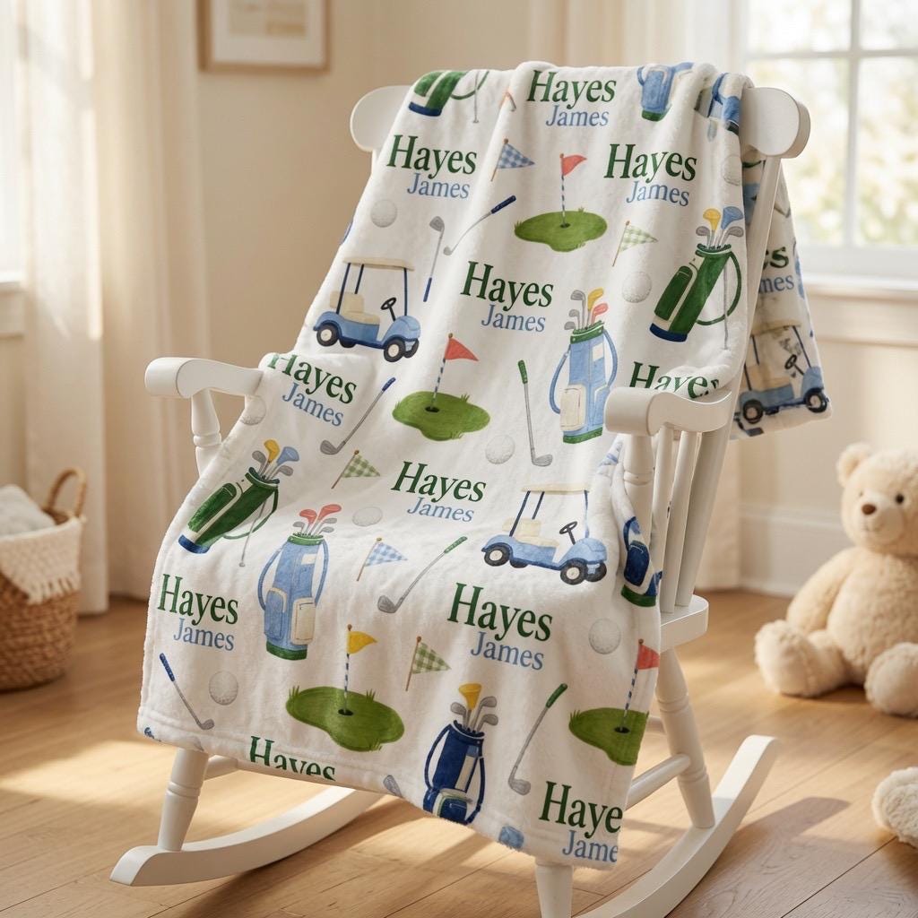 Personalized Golf Baby Blanket, Custom Golf Nursery Blanket, Golf Baby Boy Gift, Future Golfer Blanket, Golf Cart Nursery Dec