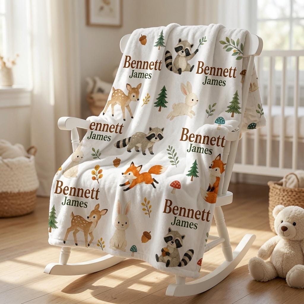 Personalized Woodland Baby Blanket, Custom Fox Deer Bunny Nursery Blanket, Forest Animal Baby Boy Blanket, Rustic Woodland Nu