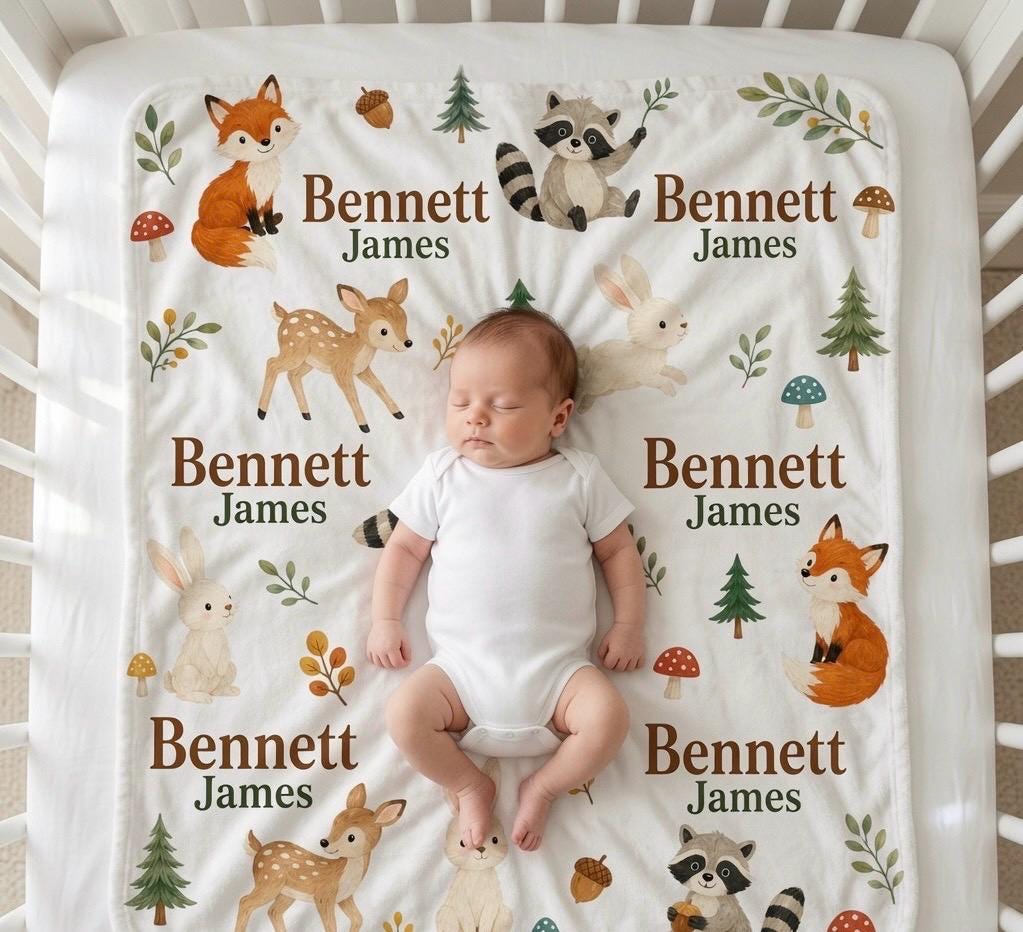 Personalized Woodland Baby Blanket, Custom Fox Deer Bunny Nursery Blanket, Forest Animal Baby Boy Blanket, Rustic Woodland Nu