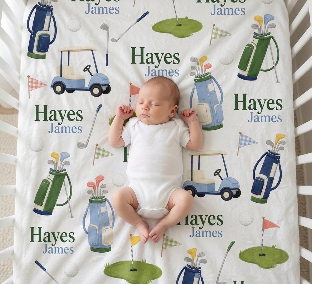 Personalized Golf Baby Blanket, Custom Golf Nursery Blanket, Golf Baby Boy Gift, Future Golfer Blanket, Golf Cart Nursery Dec