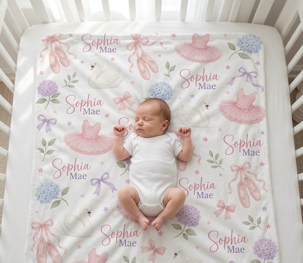 Personalized Ballerina Baby Blanket, Custom Ballet Blanket, Swan Princess Nursery Blanket, Ballet Shoes Baby Girl Gift, Perso