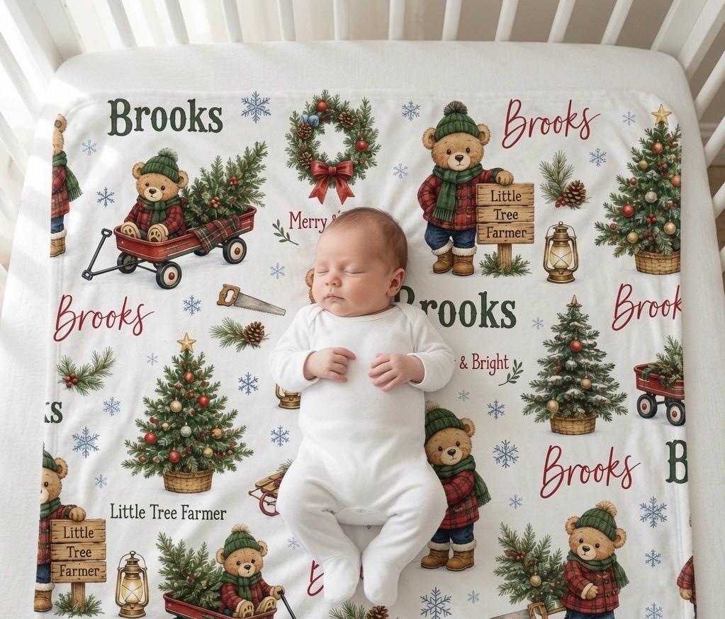 Personalized Christmas Baby Blanket, Custom Teddy Bear Christmas Blanket, Santa’s Little Helper Blanket, Baby First Christmas
