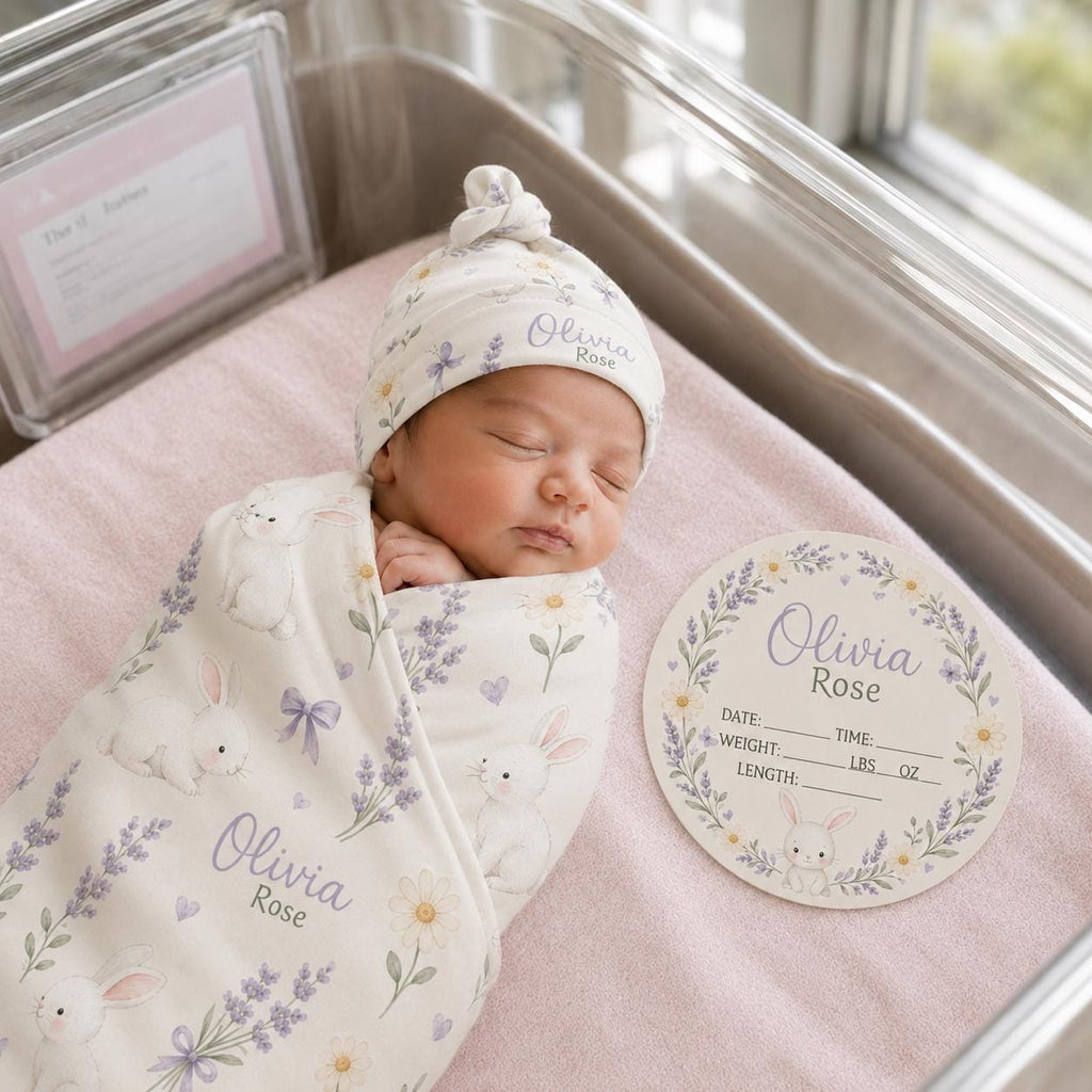 Personalized Bunny Swaddle Blanket & Birth Announcement Sign Set | Custom Baby Name Blanket | Newborn Hospital Gift | Baby Sh