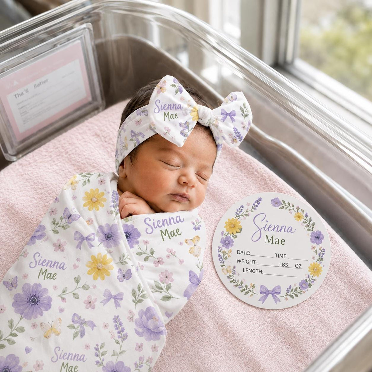 Personalized Floral Minky Blanket & Birth Announcement Sign Set | Custom Baby Name Swaddle | Newborn Hospital Gift | Baby Sho