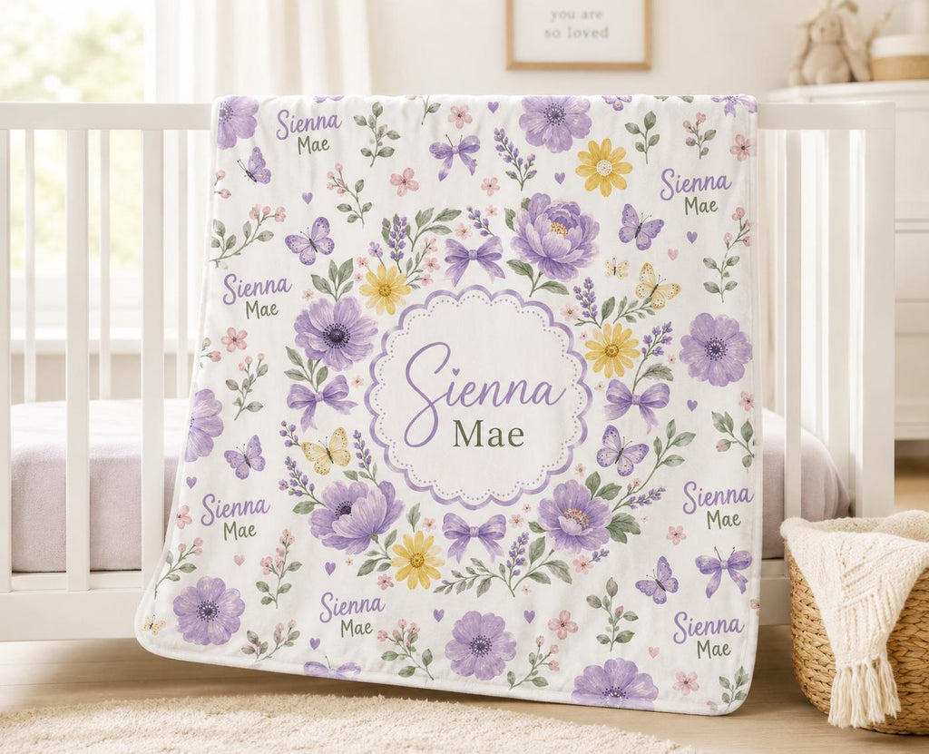 Personalized Floral Minky Blanket & Birth Announcement Sign Set | Custom Baby Name Swaddle | Newborn Hospital Gift | Baby Sho