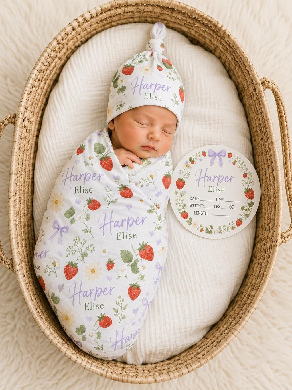 Personalized Strawberry Swaddle Blanket, Baby Name Blanket & Birth Announcement Sign Set | Newborn Girl Gift | Baby Shower Gi