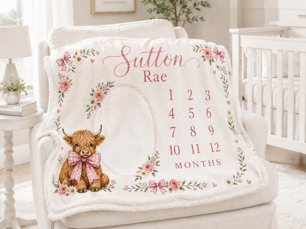 Personalized Highland Cow Milestone Blanket, Baby Girl Monthly Milestone Blanket, Floral Cow Baby Blanket, Custom Name Blanke