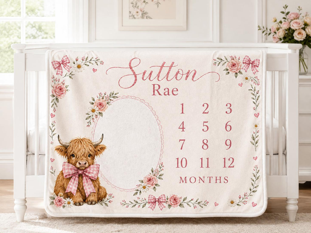 Personalized Highland Cow Milestone Blanket, Baby Girl Monthly Milestone Blanket, Floral Cow Baby Blanket, Custom Name Blanke