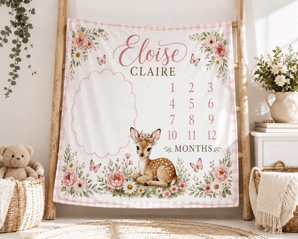 Personalized Deer Milestone Blanket, Baby Girl Monthly Milestone Blanket, Floral Fawn Baby Blanket, Custom Name Blanket, Wood