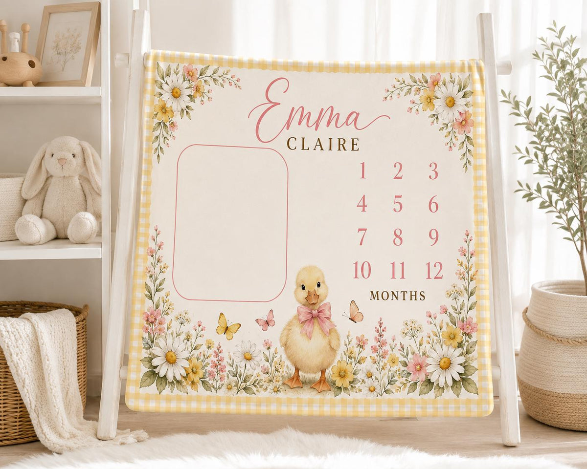 Personalized Duck Milestone Blanket, Baby Girl Monthly Milestone Blanket, Floral Duckling Baby Blanket, Custom Name Blanket, 