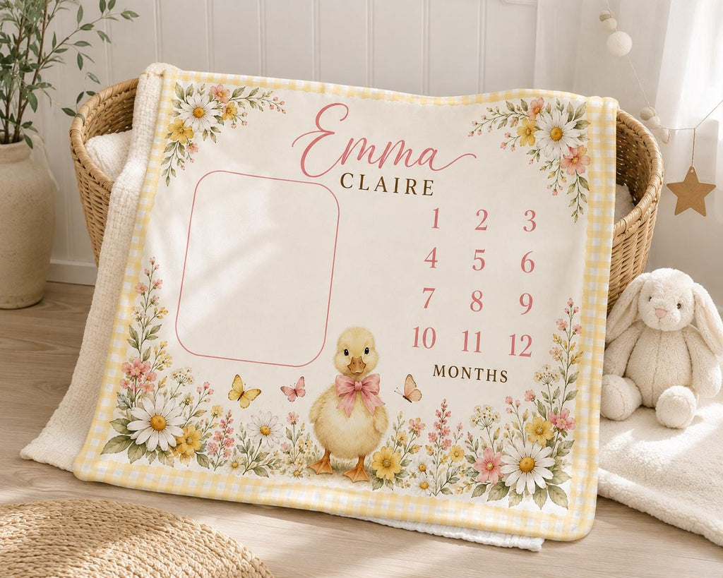 Personalized Duck Milestone Blanket, Baby Girl Monthly Milestone Blanket, Floral Duckling Baby Blanket, Custom Name Blanket, 