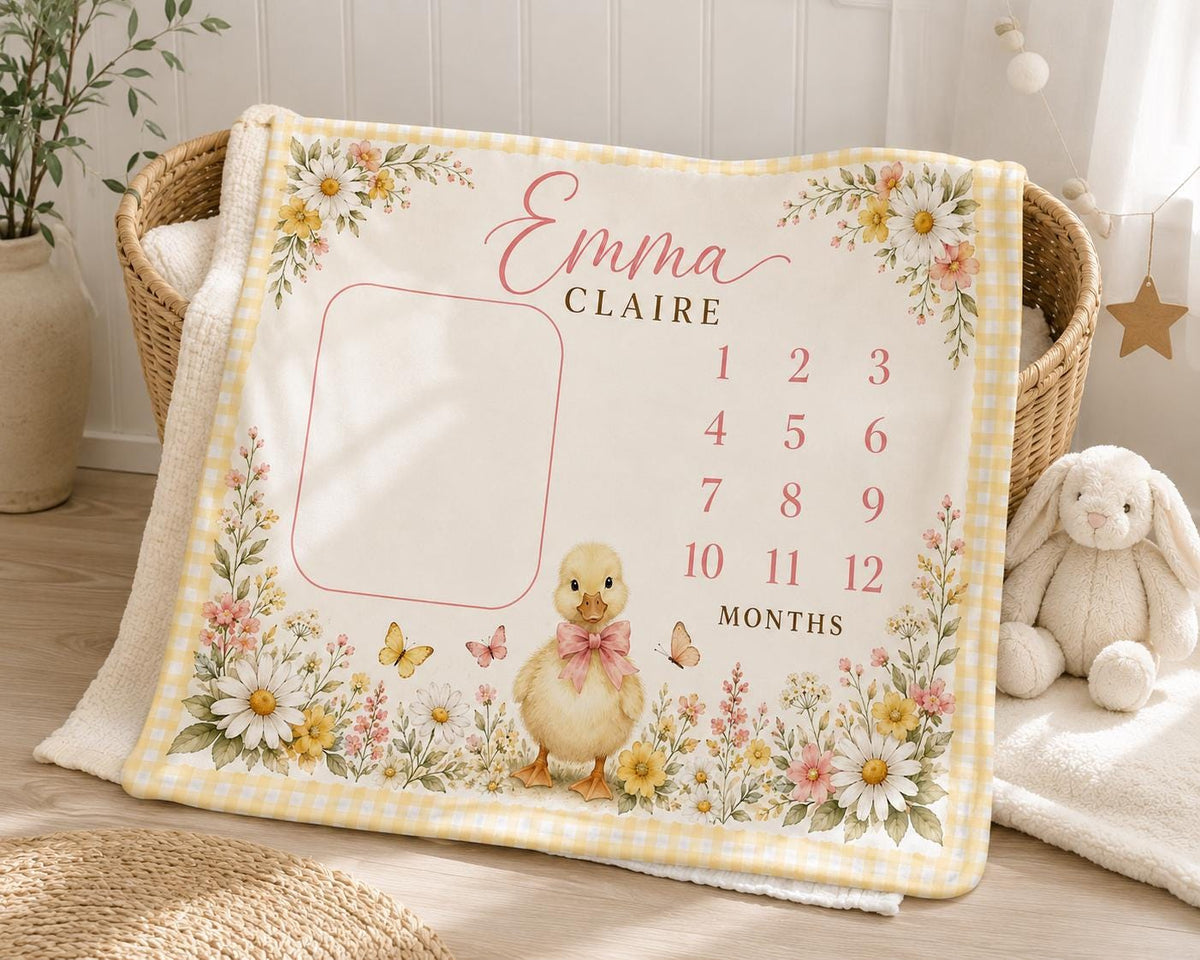 Personalized Duck Milestone Blanket, Baby Girl Monthly Milestone Blanket, Floral Duckling Baby Blanket, Custom Name Blanket, 