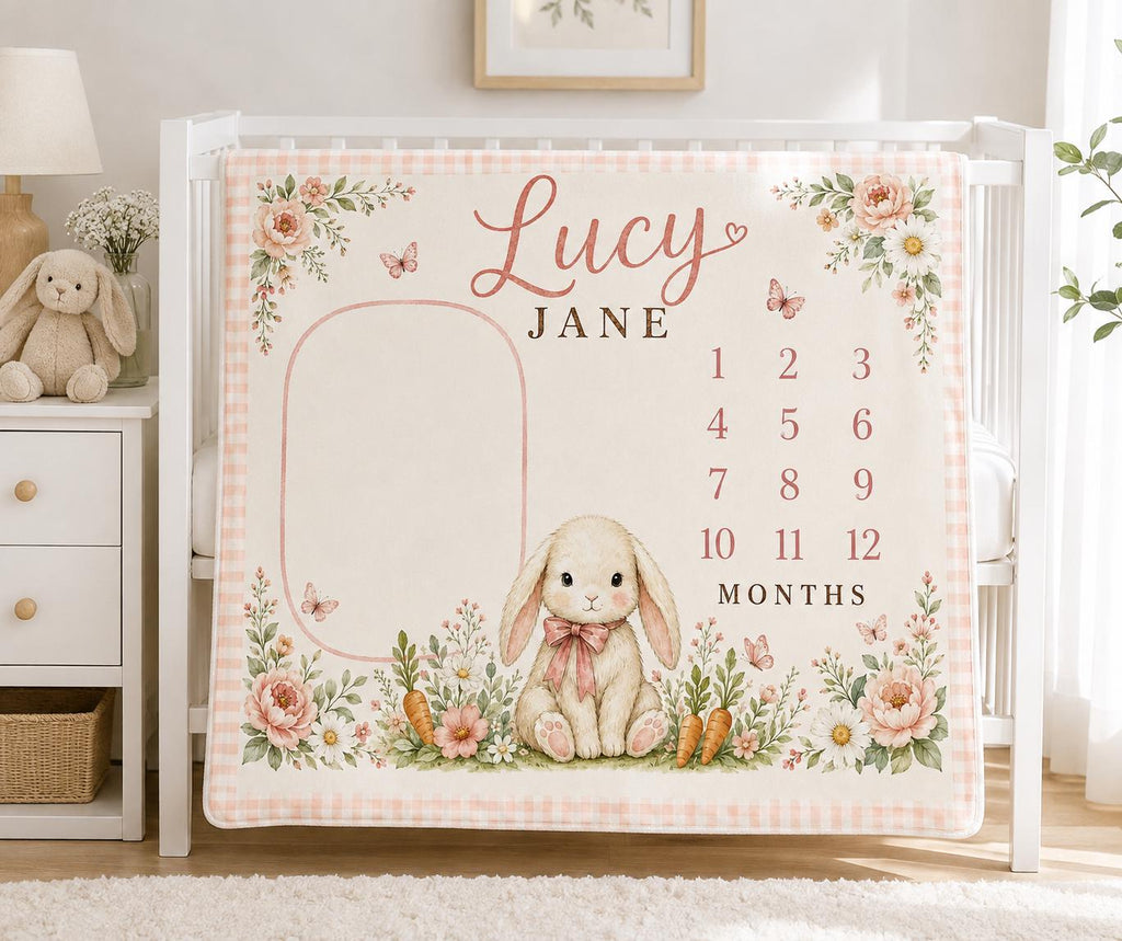 Personalized Bunny Milestone Blanket, Baby Girl Monthly Milestone Blanket, Floral Baby Blanket, Custom Name Blanket, Bunny Ba
