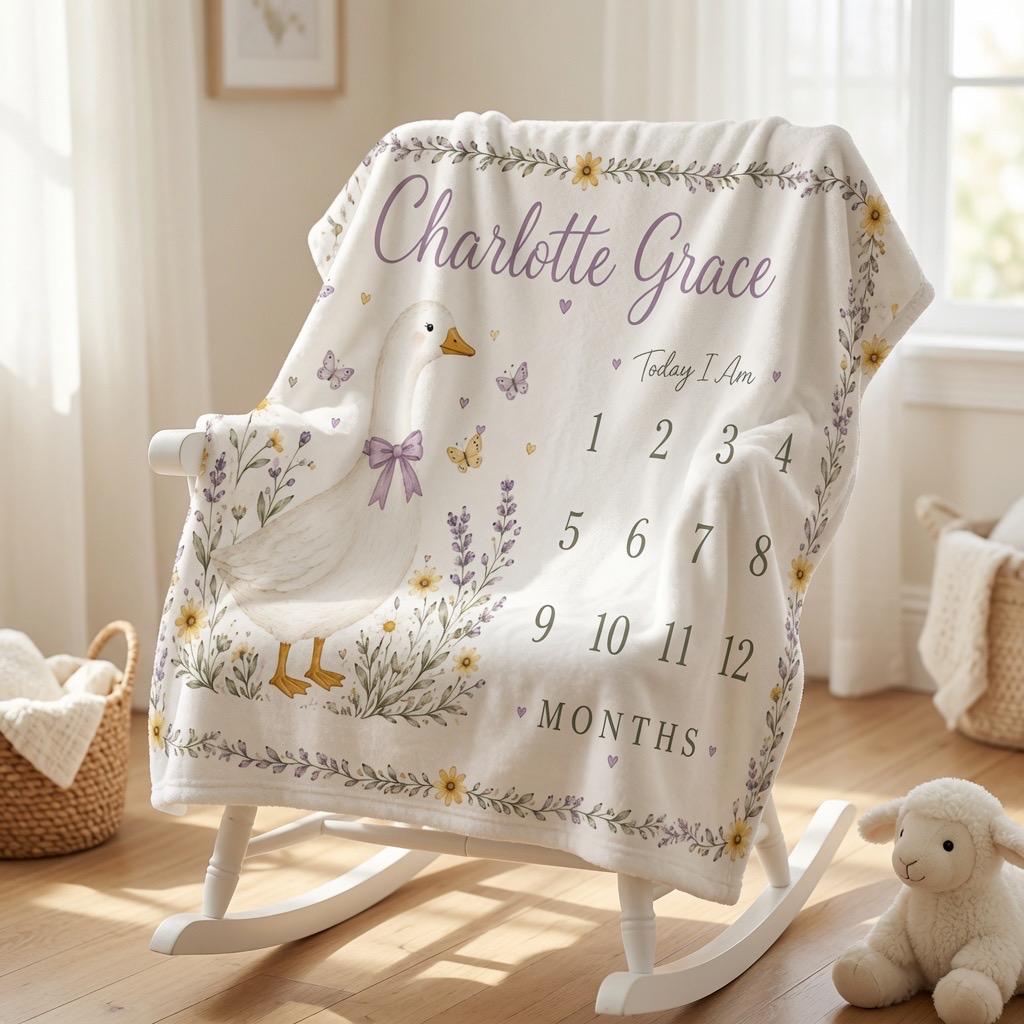Personalized Goose Baby Milestone Blanket, Custom Baby Month Blanket, Goose Nursery Blanket, Baby Girl Monthly Milestone Blan