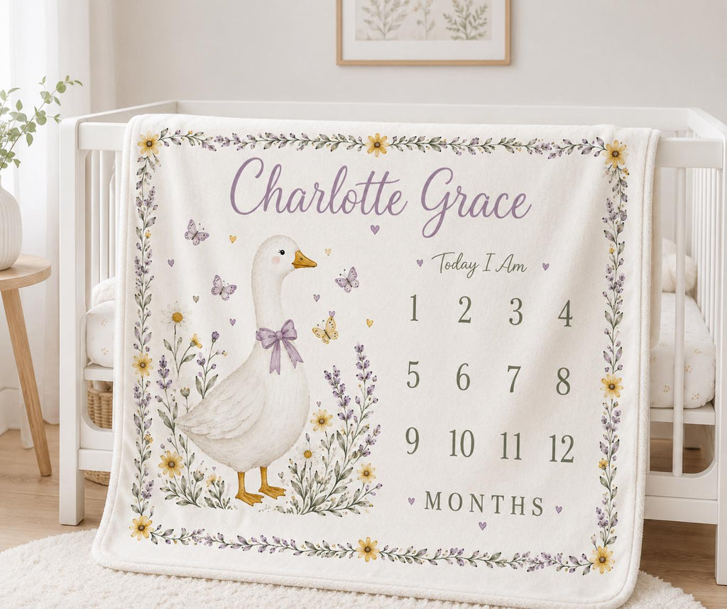 Personalized Goose Baby Milestone Blanket, Custom Baby Month Blanket, Goose Nursery Blanket, Baby Girl Monthly Milestone Blan