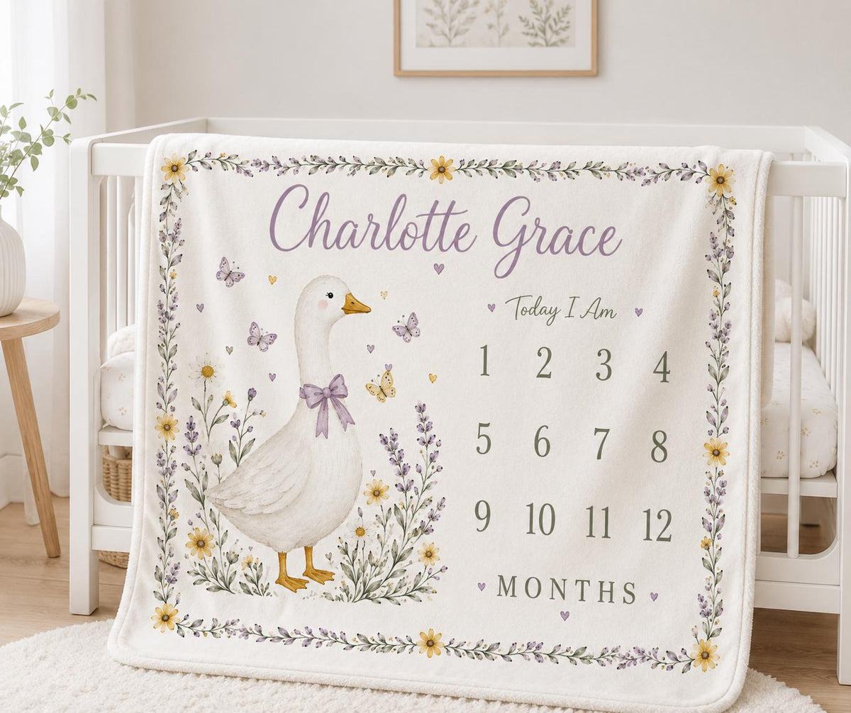 Personalized Goose Baby Milestone Blanket, Custom Baby Month Blanket, Goose Nursery Blanket, Baby Girl Monthly Milestone Blan