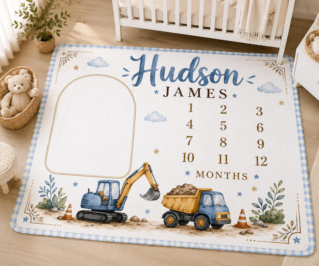 Personalized Construction Milestone Blanket, Baby Boy Monthly Milestone Blanket, Excavator Baby Blanket, Custom Name Blanket,