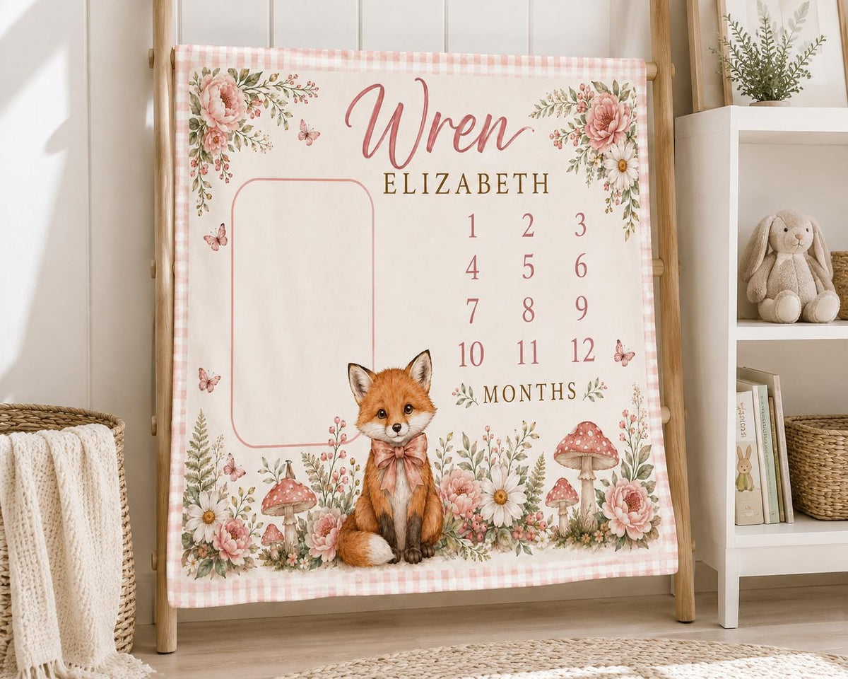 Personalized Fox Milestone Blanket, Baby Girl Monthly Milestone Blanket, Woodland Baby Blanket, Custom Name Blanket, Floral B