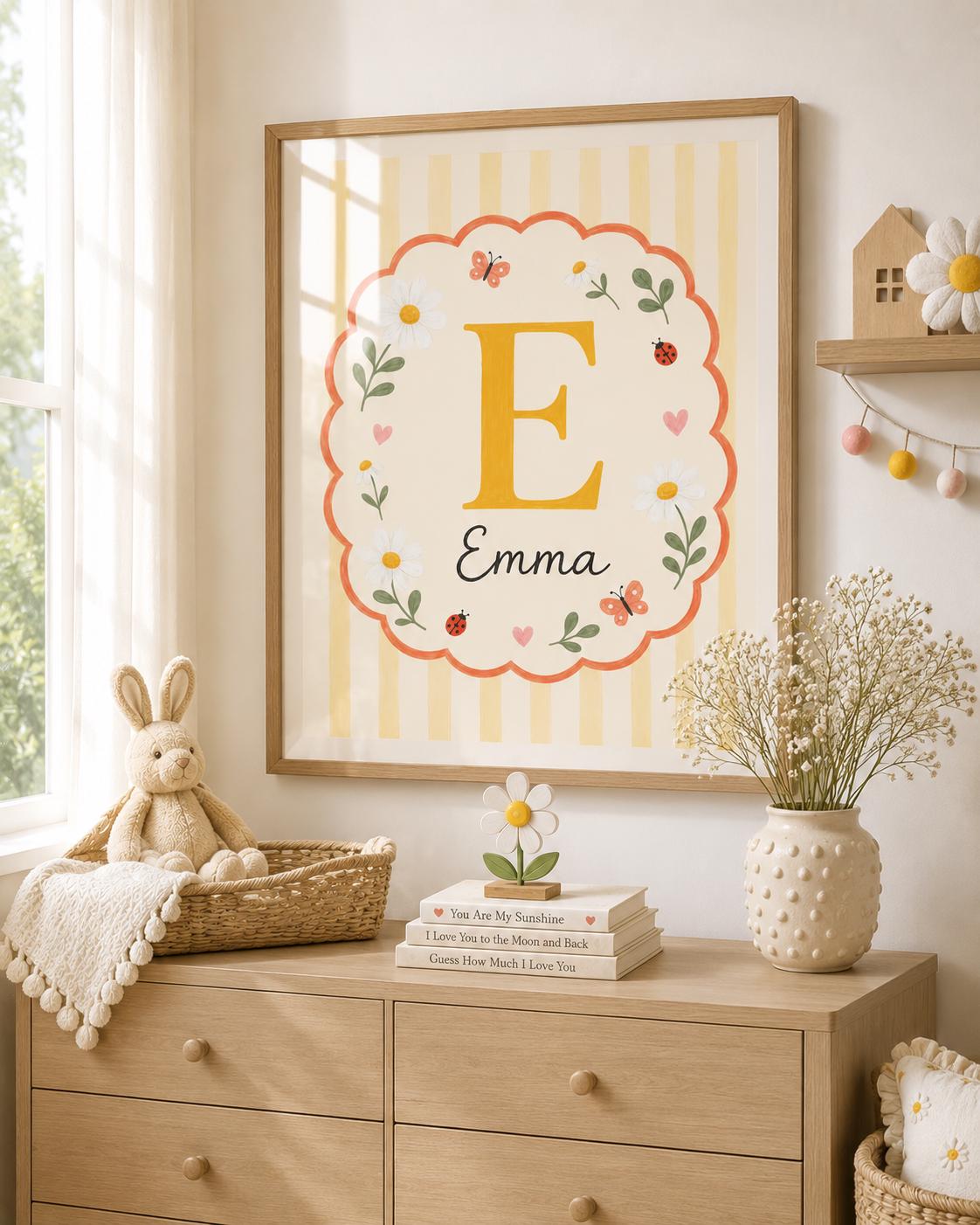 Personalized Daisy Nursery Print, Custom Girl Name Wall Art, Floral Initial Nursery Decor, Ladybug Digital Download Baby Gift