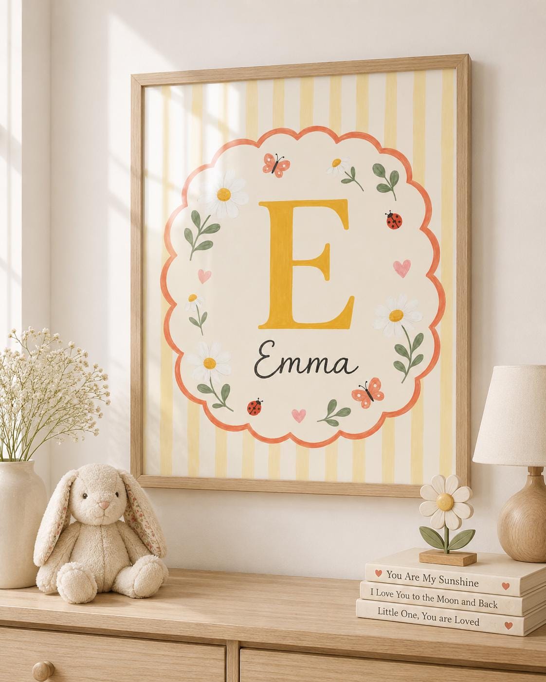 Personalized Daisy Nursery Print, Custom Girl Name Wall Art, Floral Initial Nursery Decor, Ladybug Digital Download Baby Gift