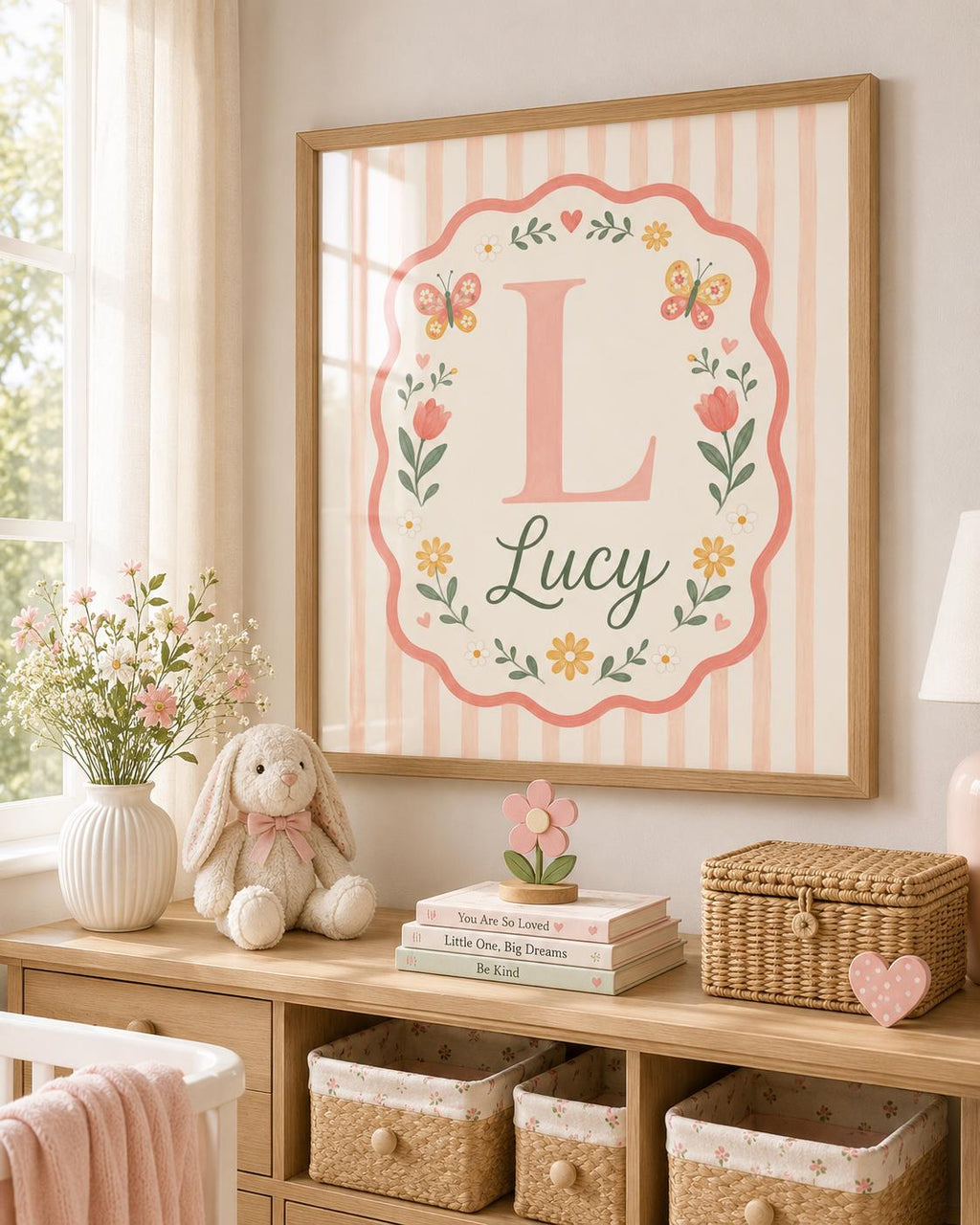 Personalized Floral Nursery Print, Custom Girl Name Wall Art, Pink Butterfly Initial Decor, Digital Download Baby Girl Gift
