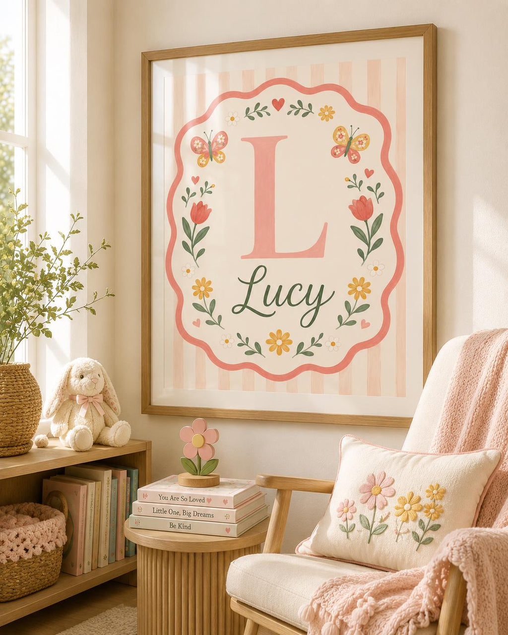 Personalized Floral Nursery Print, Custom Girl Name Wall Art, Pink Butterfly Initial Decor, Digital Download Baby Girl Gift