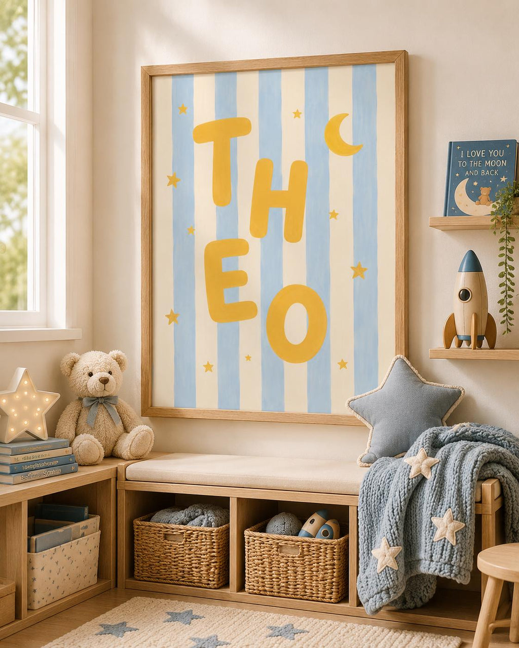 Personalized Boy Name Nursery Print, Custom Blue Striped Wall Art, Moon & Stars Nursery Decor, Digital Download Baby Gift