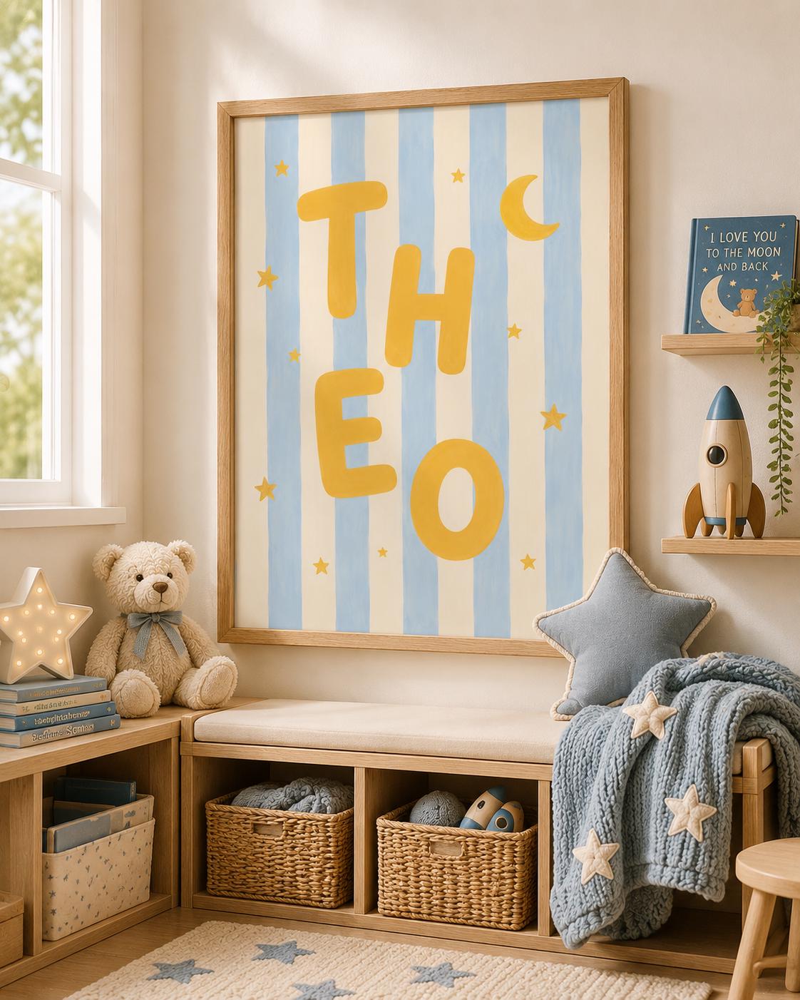 Personalized Boy Name Nursery Print, Custom Blue Striped Wall Art, Moon & Stars Nursery Decor, Digital Download Baby Gift