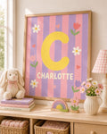Personalized Initial Nursery Print, Custom Girl Name Wall Art, Pink & Purple Nursery Decor, Floral Digital Download Baby Gift