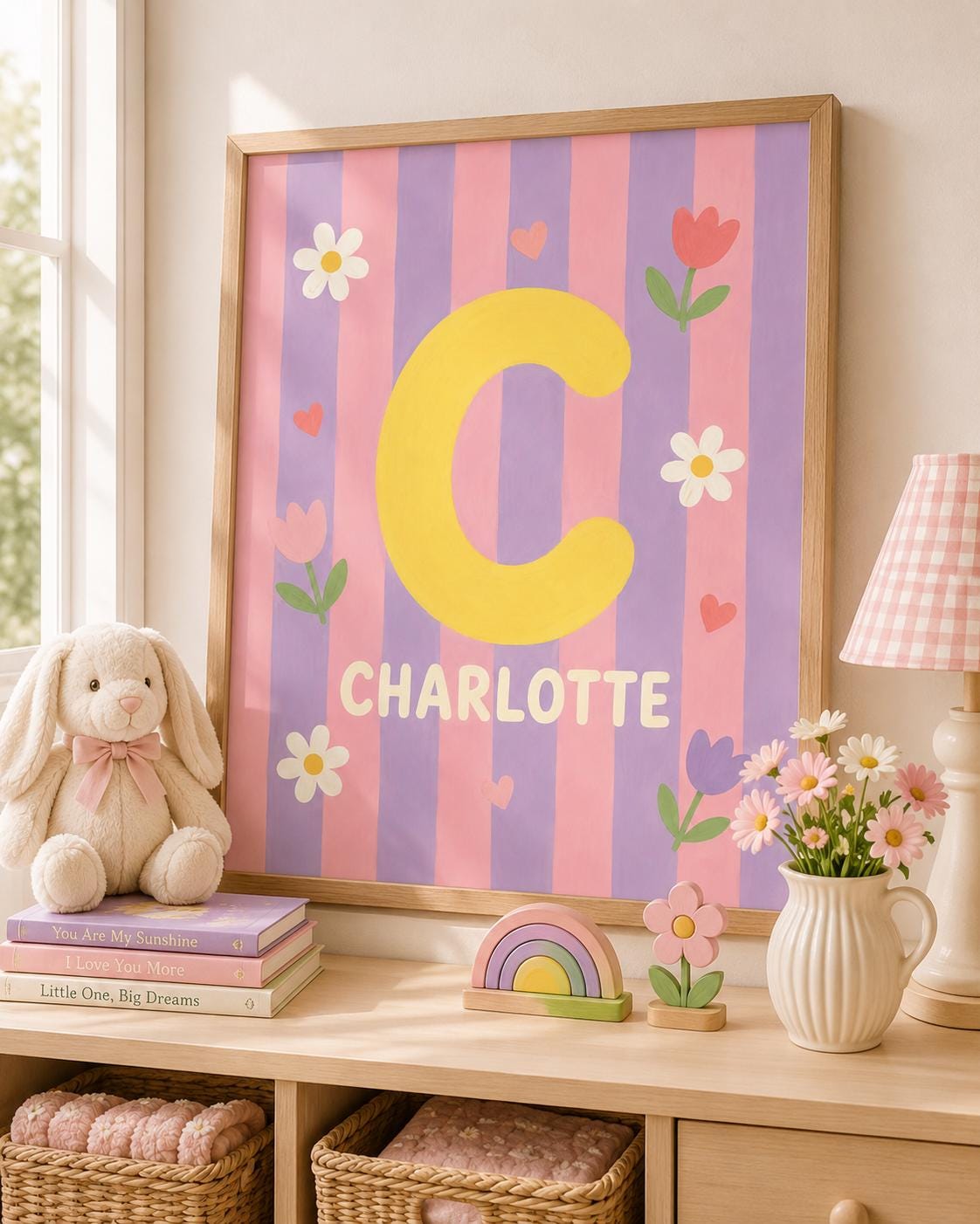 Personalized Initial Nursery Print, Custom Girl Name Wall Art, Pink & Purple Nursery Decor, Floral Digital Download Baby Gift