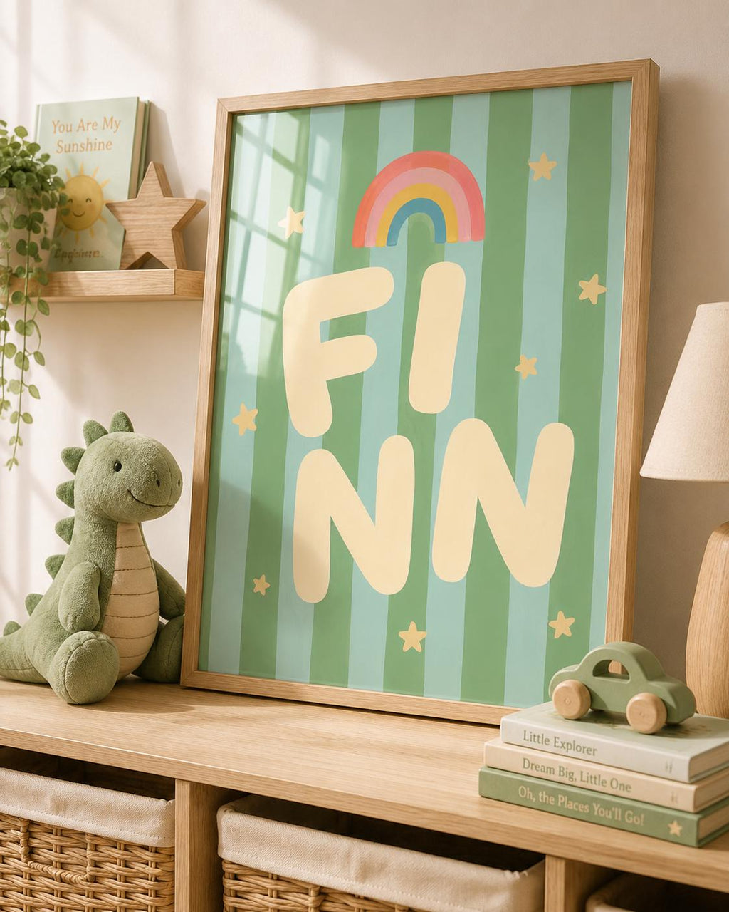 Personalized Rainbow Nursery Print, Custom Boy Name Wall Art, Green Nursery Decor, Modern Initial Digital Download Baby Gift