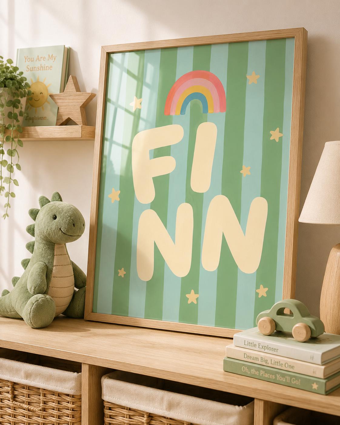 Personalized Rainbow Nursery Print, Custom Boy Name Wall Art, Green Nursery Decor, Modern Initial Digital Download Baby Gift
