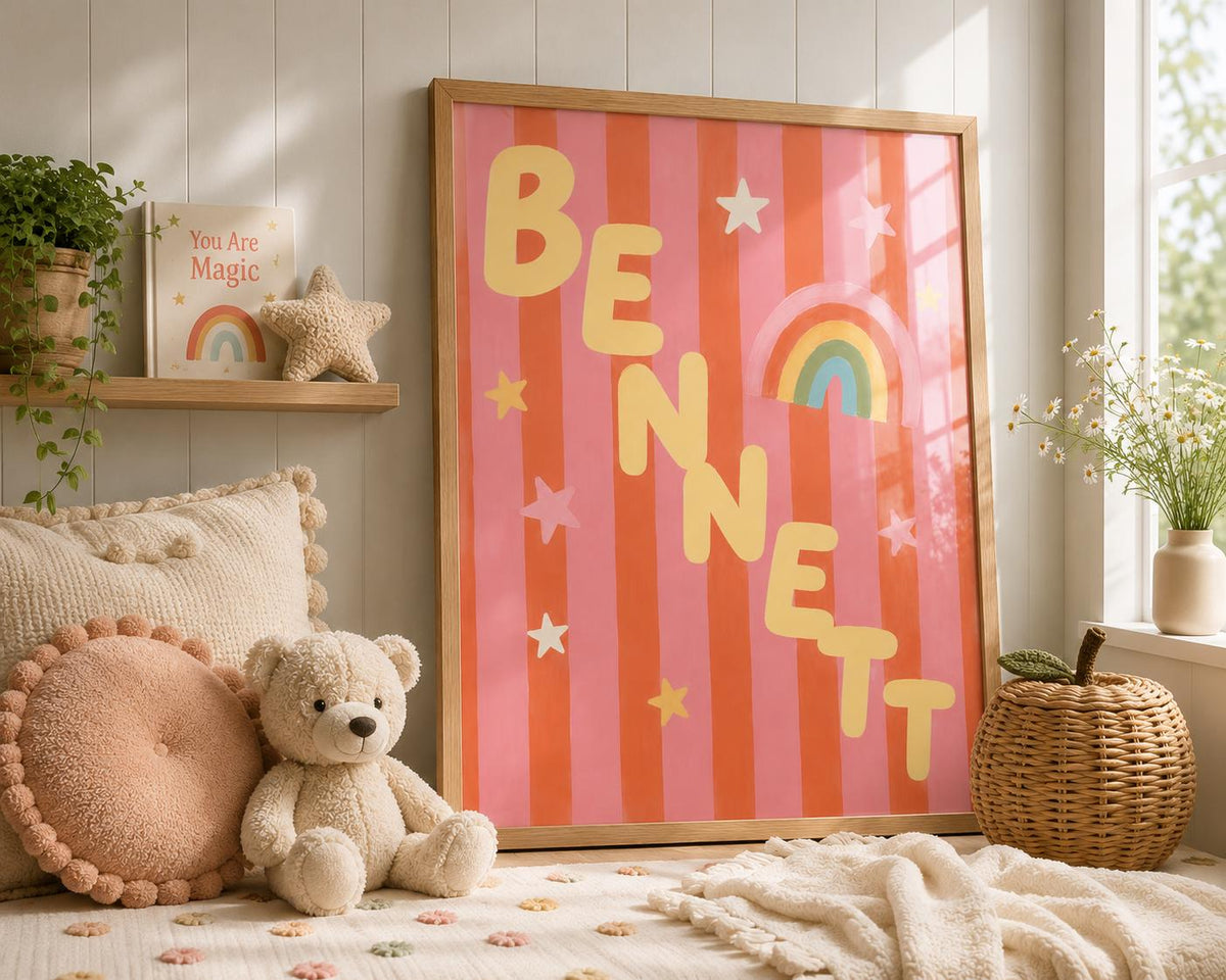Personalized Rainbow Nursery Print, Custom Kids Name Wall Art, Retro Girl Nursery Decor, Colorful Digital Download Baby Gift