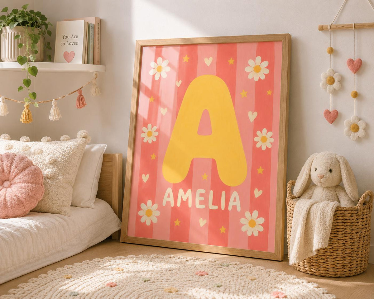 Personalized Daisy Nursery Print, Custom Girl Name Wall Art, Retro Floral Initial Decor, Pink Digital Download Baby Gift