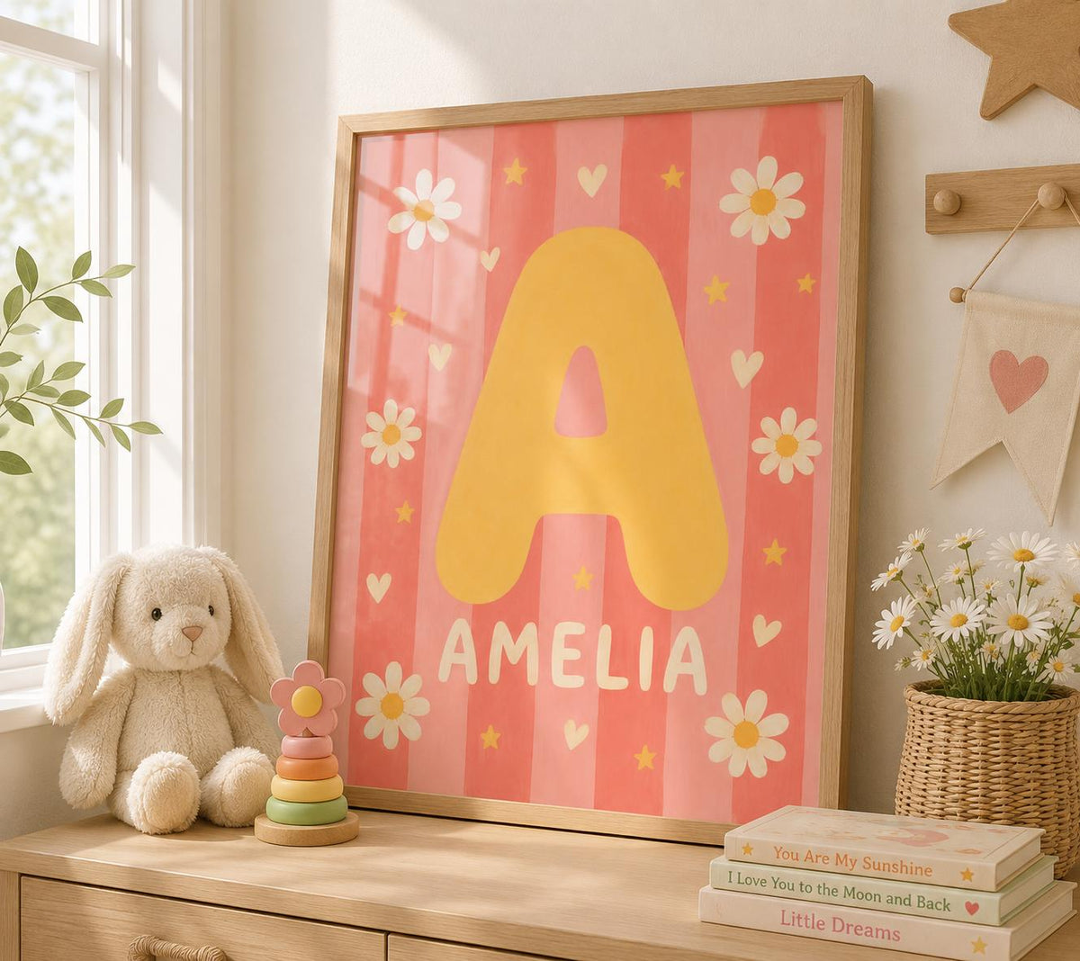 Personalized Daisy Nursery Print, Custom Girl Name Wall Art, Retro Floral Initial Decor, Pink Digital Download Baby Gift