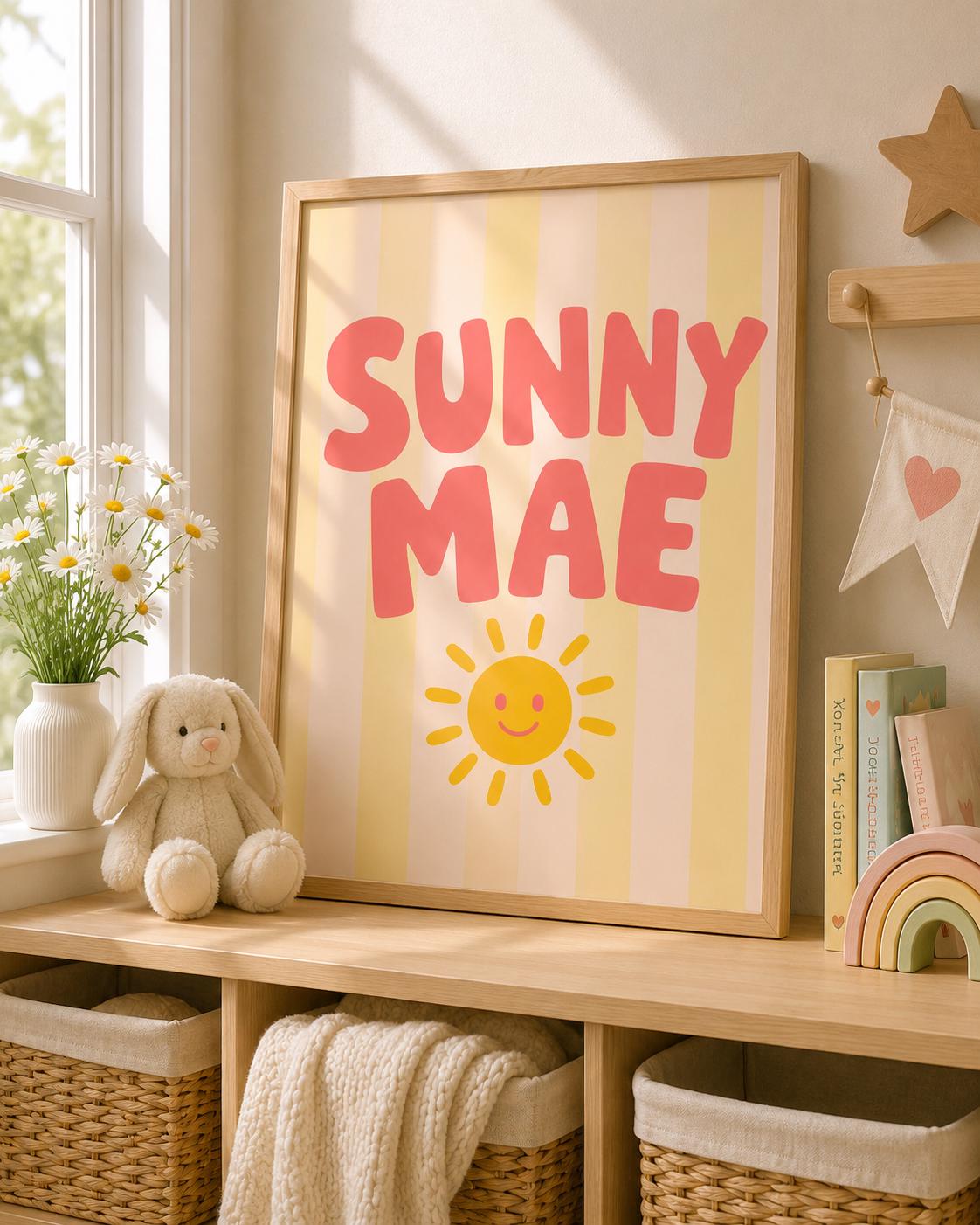 Personalized Girl Name Wall Art, Retro Sunshine Nursery Decor, Custom Digital Download Baby Gift