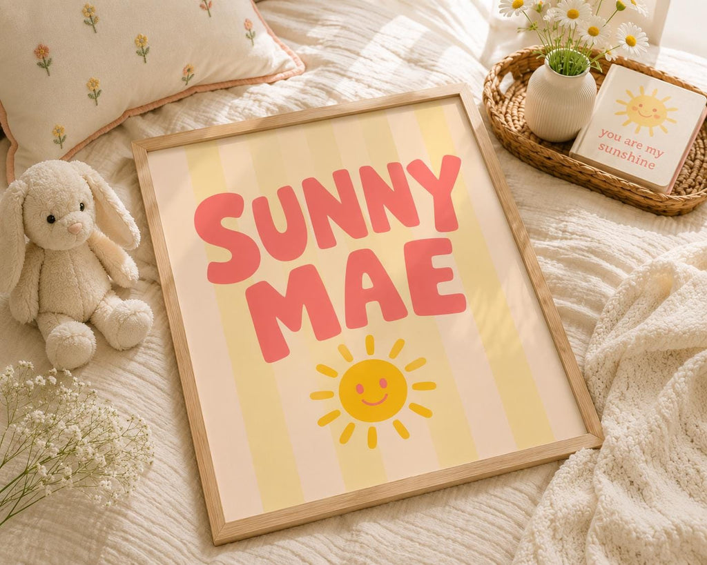 Personalized Girl Name Wall Art, Retro Sunshine Nursery Decor, Custom Digital Download Baby Gift